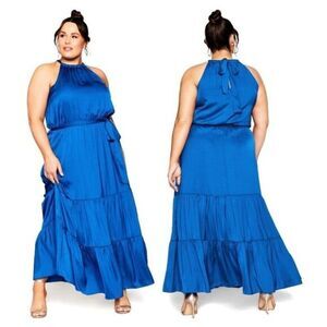 City Chic Women's Iconic Tiered‎ Halter Blue Maxi Dress Party Office